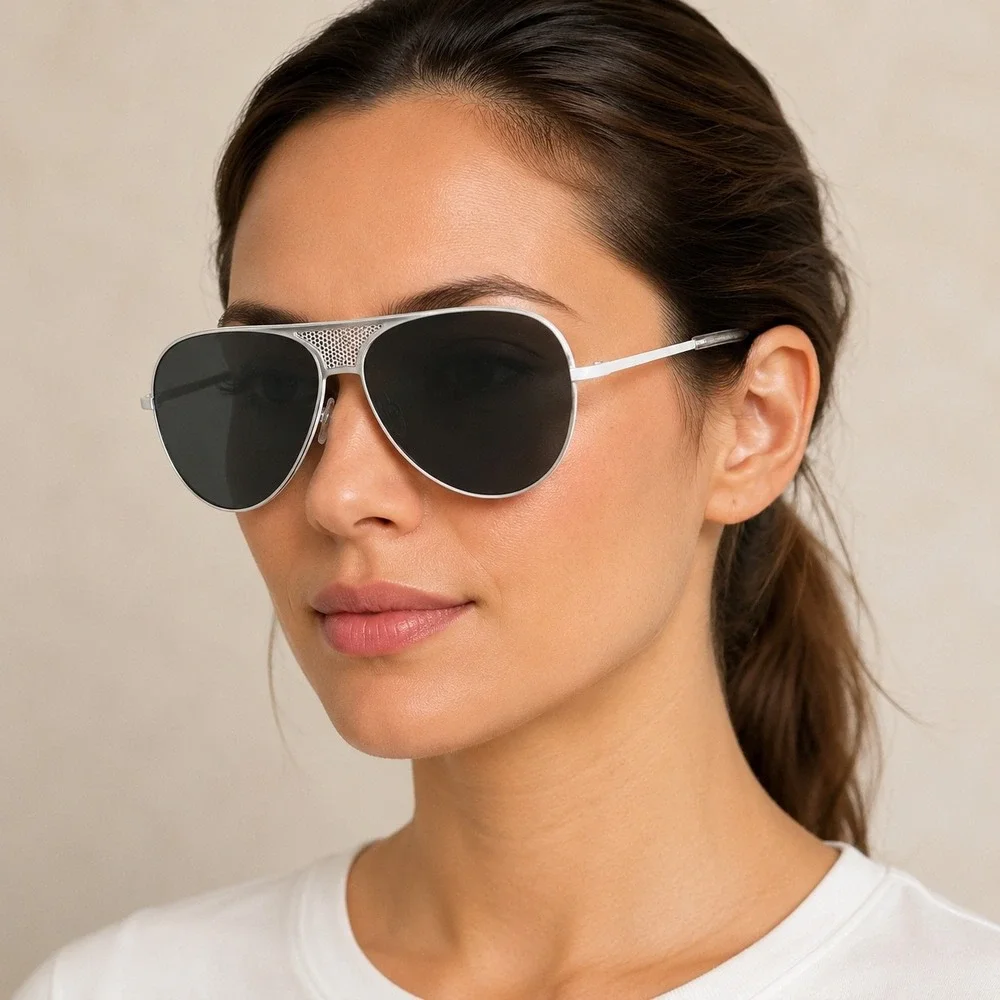 Quay Australia Iconic Aviator Sunglasses White Metal Mesh Bridge Black Lens NEW